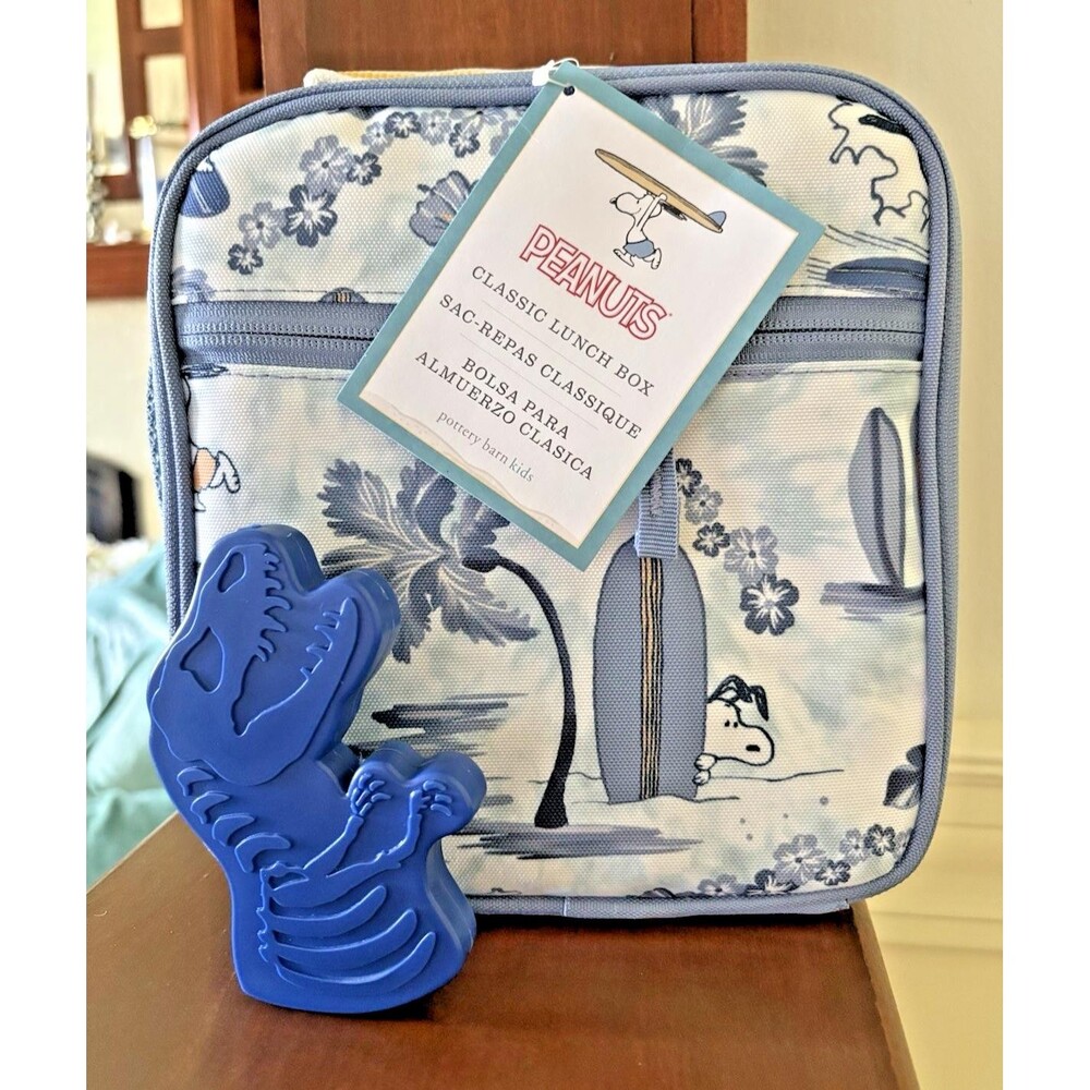 School Pottery barn Kids Snoopy Dinosaur LUNCH BOX Bag Jurassic Travel Pre K .